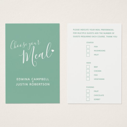 Cartes de boîtier vert de script de choix de repas (Devant & derrière)