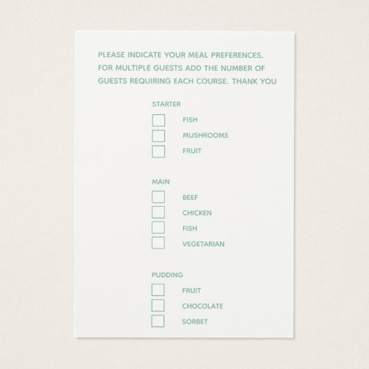 Cartes de boîtier vert de script de choix de repas (Dos)