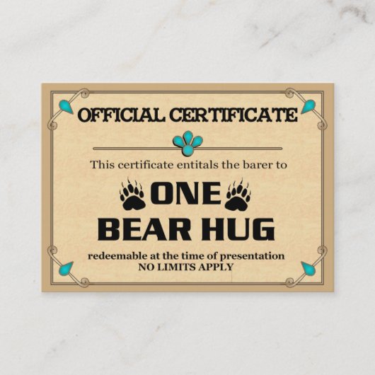 Cartes de certificat d'ÉTREINTE d'OURS (Devant)