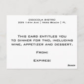 Cartes de certificat-prime de photo de restaurant (Dos)