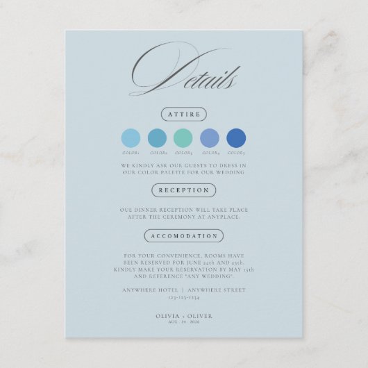 Cartes de code vestimentaire de mariage bleu pouss (Devant)