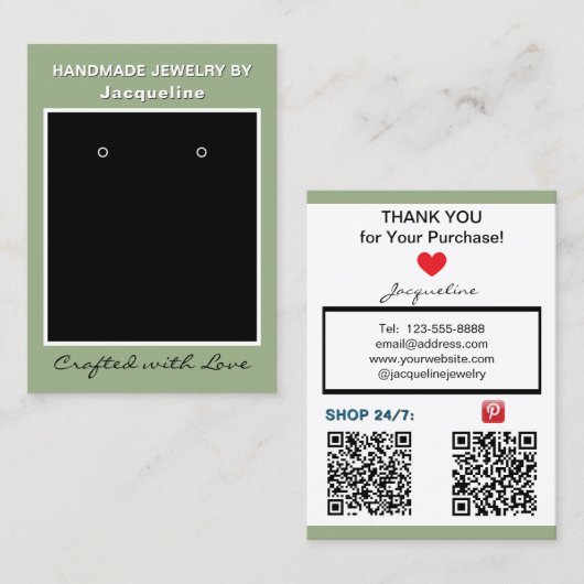 Cartes de codes QR de bijoux vert sauge (Devant / Derrière)