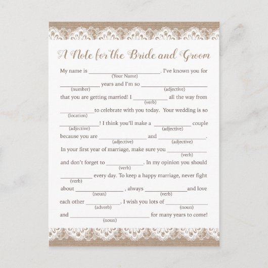 Cartes de conseil Mariage Burlap et dentelle, Rust (Devant)