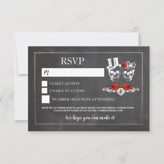 Cartes de crânes de mariage RSVP Crânes Roses Cart (Devant)