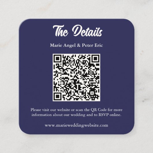 Cartes de détails de mariage avec code QR en bleu (Devant)