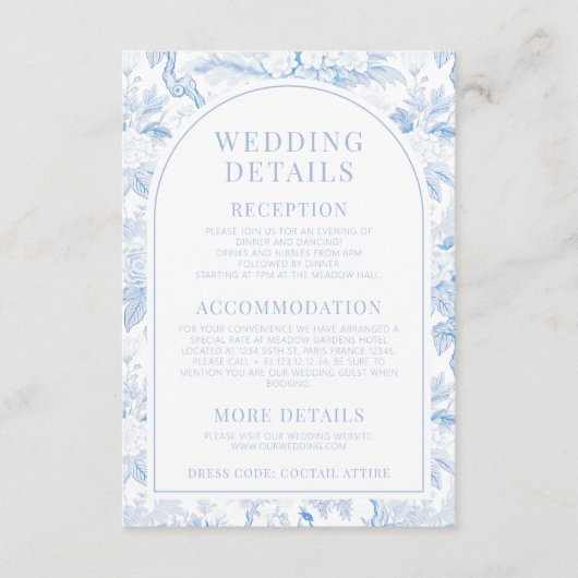 Cartes de détails mariage fleuri en porcelaine ble (Devant)