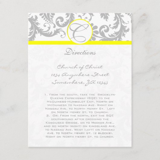 Cartes de direction de Mariage jaune Gris Damas (Devant)