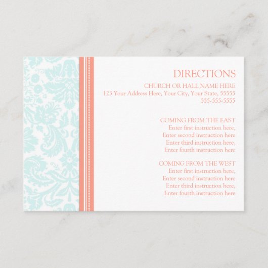 Cartes de direction mariage Aqua Coral Damask (Devant)