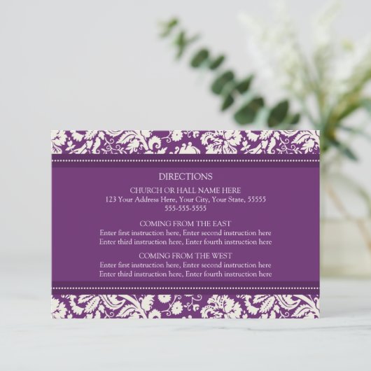 Cartes de direction mariage Plum Damask (Debout devant)