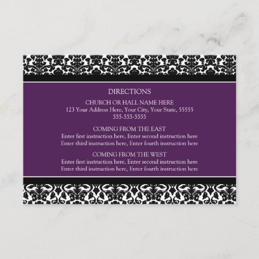 Cartes de direction mariage Plum noir Damas (Devant)