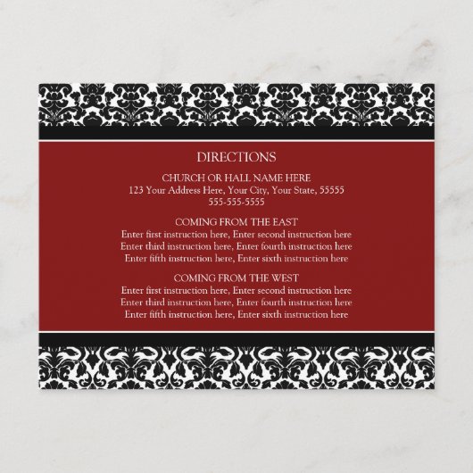 Cartes de direction mariage Rouge Noir Damas (Devant)