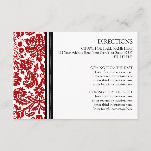 Cartes de direction mariage Rouge Noir Damas (Devant)