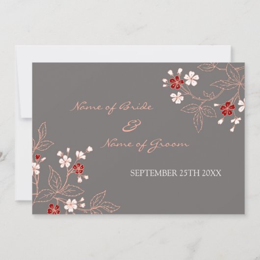 Cartes de Faire-part de mariage florales gris-roug (Dos)