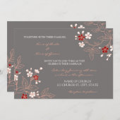 Cartes de Faire-part de mariage florales gris-roug (Devant / Derrière)