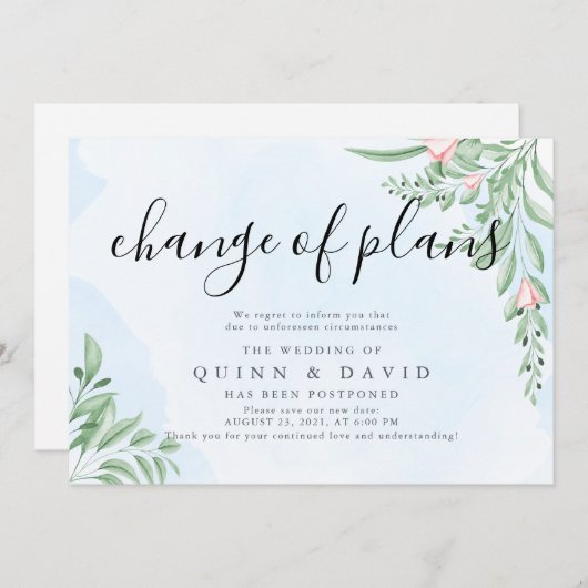 Cartes de Faire-part Mariage reportées bleu Dusty (Devant / Derrière)