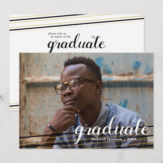 Cartes de fête pour diplômés modernes en noir et o (Devant / Derrière)