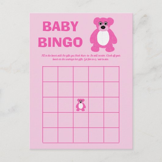 Cartes de jeu Baby shower Bingo Pink Teddy (Devant)