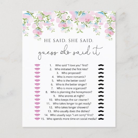 Cartes de jeu de devinette Blush Floral He Said Sh (Devant)
