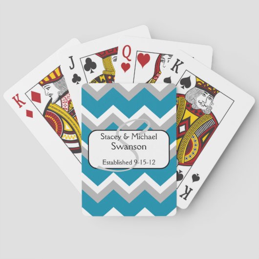Cartes de jeu de monogrammes Chevron Turquoise et (dos)
