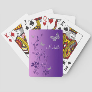 Cartes de jeu florales de papillon mauve et argent