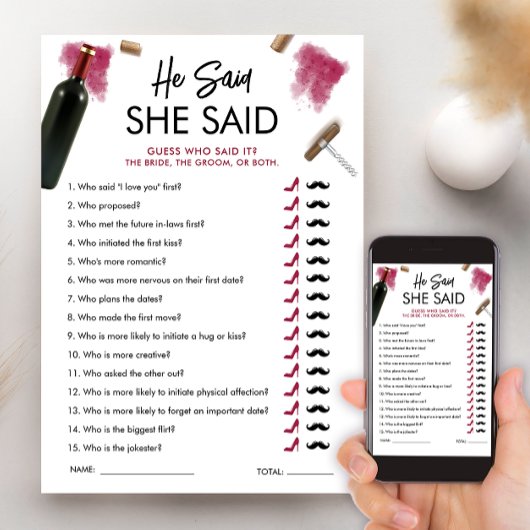 Cartes de jeu "Il a dit, elle a dit" Vin Shower de