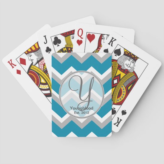 Cartes de jeu Monogramme turquoise et gris Chevron (dos)