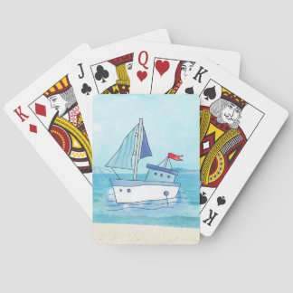 Cartes de jeu nautiques avec le bateau sur le lac