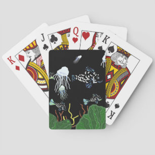 Cartes de jeu noires vertes de méduses de poissons