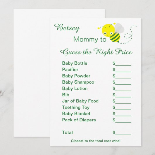 Cartes de jeu pour bébé : Devinez le juste prix (Devant / Derrière)