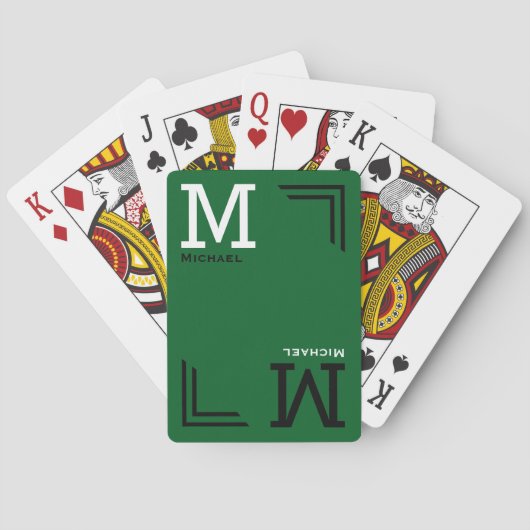Cartes de jeu vert Monogramme avec nom (dos)