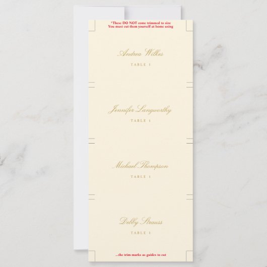 Cartes de lieu de mariage élégantes Crème et Or Pl (Devant)