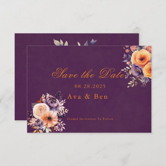 Cartes de mariage à motif floral orange violet pou (Devant / Derrière)