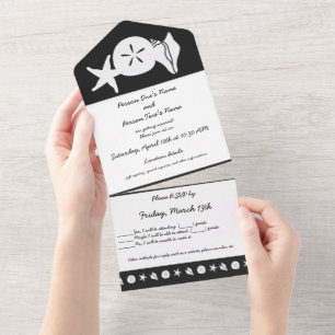 Cartes de mariage Coquillages d'été sur fond noir