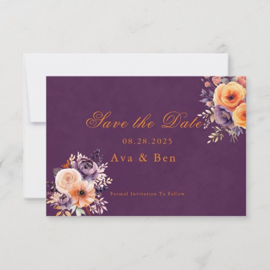 Cartes de mariage florales orange violet pour anno (Devant)