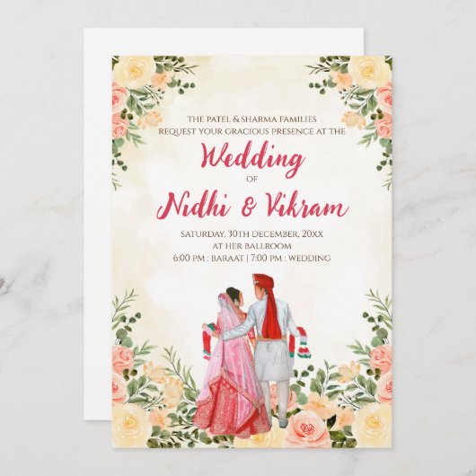 Cartes de mariage indiennes et invitations de mari (Devant / Derrière)