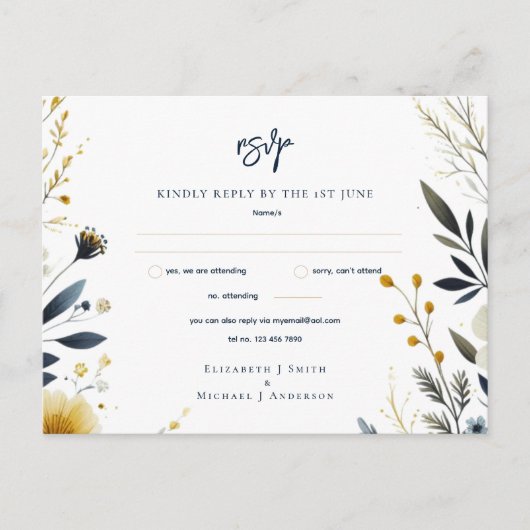 CARTES DE MARIAGE RSVP | Floral or bleu bleu marin (Devant)