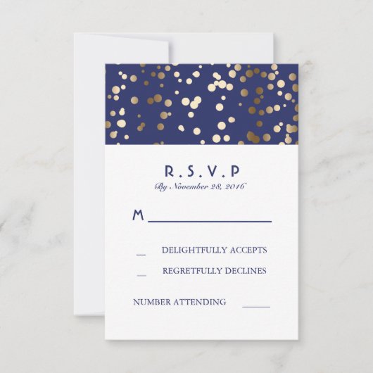 Cartes de mariage RSVP Marine et Gold Confetti (Devant)