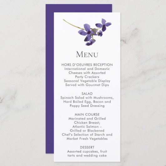 Cartes de menu à fleurs violettes simples (Devant / Derrière)