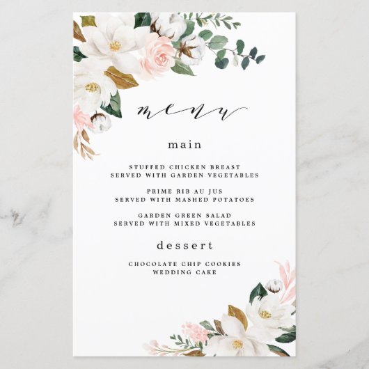 Cartes de menu à Mariage floral blanc rose pâle (Devant)