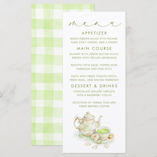 Cartes de menu à motif gingham vert sur le thème d (Devant / Derrière)