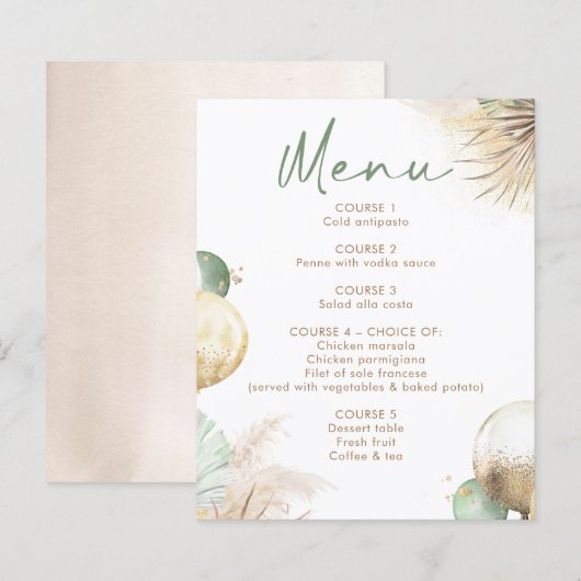 Cartes de menu Boho vert sauge et beige (Devant / Derrière)