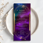 Cartes de menu Cosmopolite Turquoise Sun Moon Mari<br><div class="desc">Cosmic Purple Turquoise Gold Sun Moon Stars Mariage Menu Cartes avec soleil doré, lune et étoiles sur un arrière - plan céleste avec les détails de votre menu dans le centre dans le script de calligraphie dorée moderne. Personnalisez en modifiant le texte dans les zones de texte fournies. Conçu pour...</div>