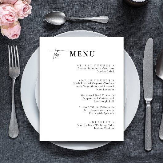 Cartes de menu de dîner de mariage noir et blanc