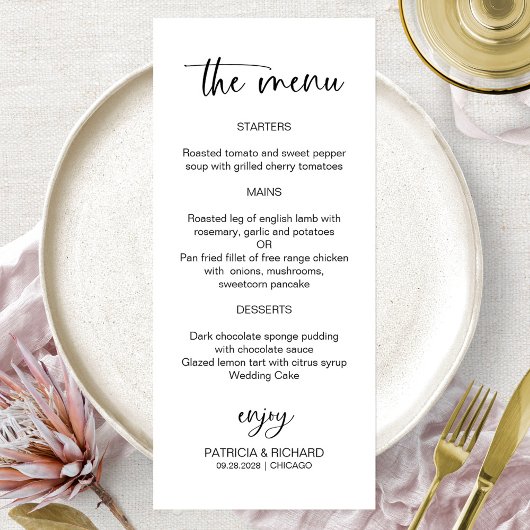 Cartes de menu de mariage à calligraphie minimalis