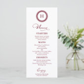 Cartes de menu de mariage à monogramme bordeaux (Debout devant)