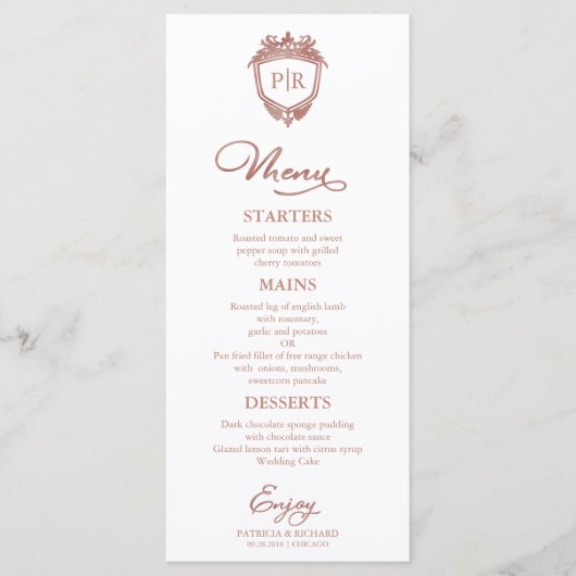 Cartes de menu de mariage à monogramme écriture Ro (Devant)