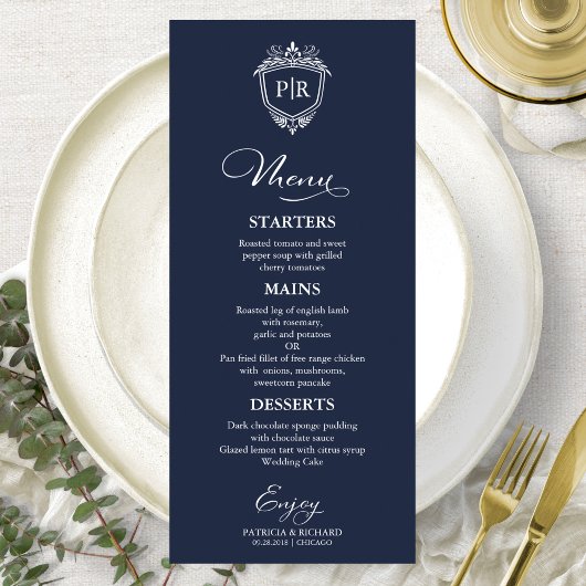 Cartes de menu de mariage à monogramme élégant ble