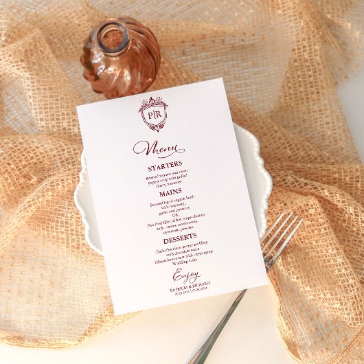 Cartes de menu de mariage à monogramme élégant bor