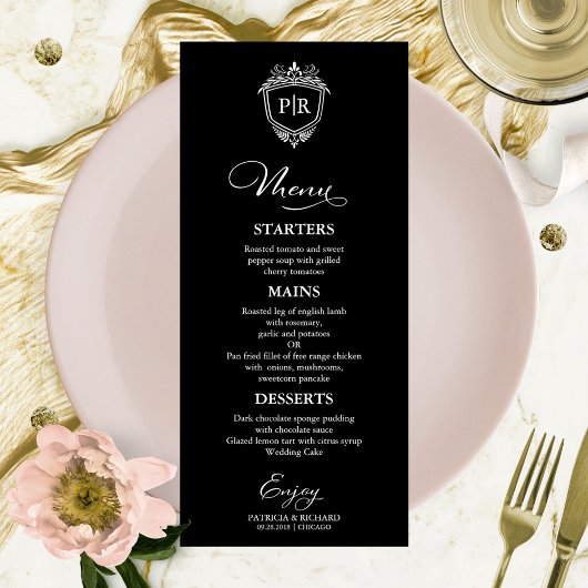 Cartes de menu de mariage à monogramme noir et bla
