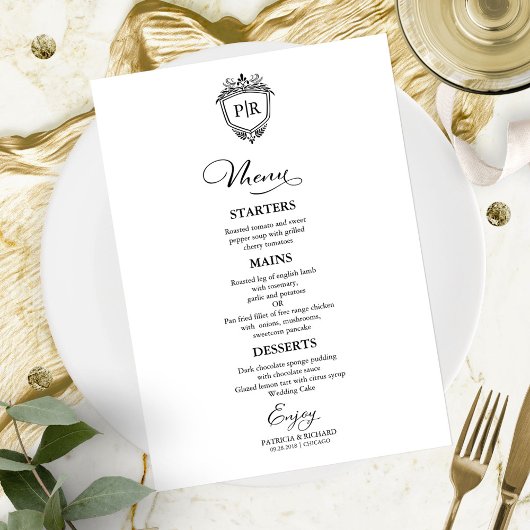 Cartes de Menu de Mariage à Monogramme Noir et Bla